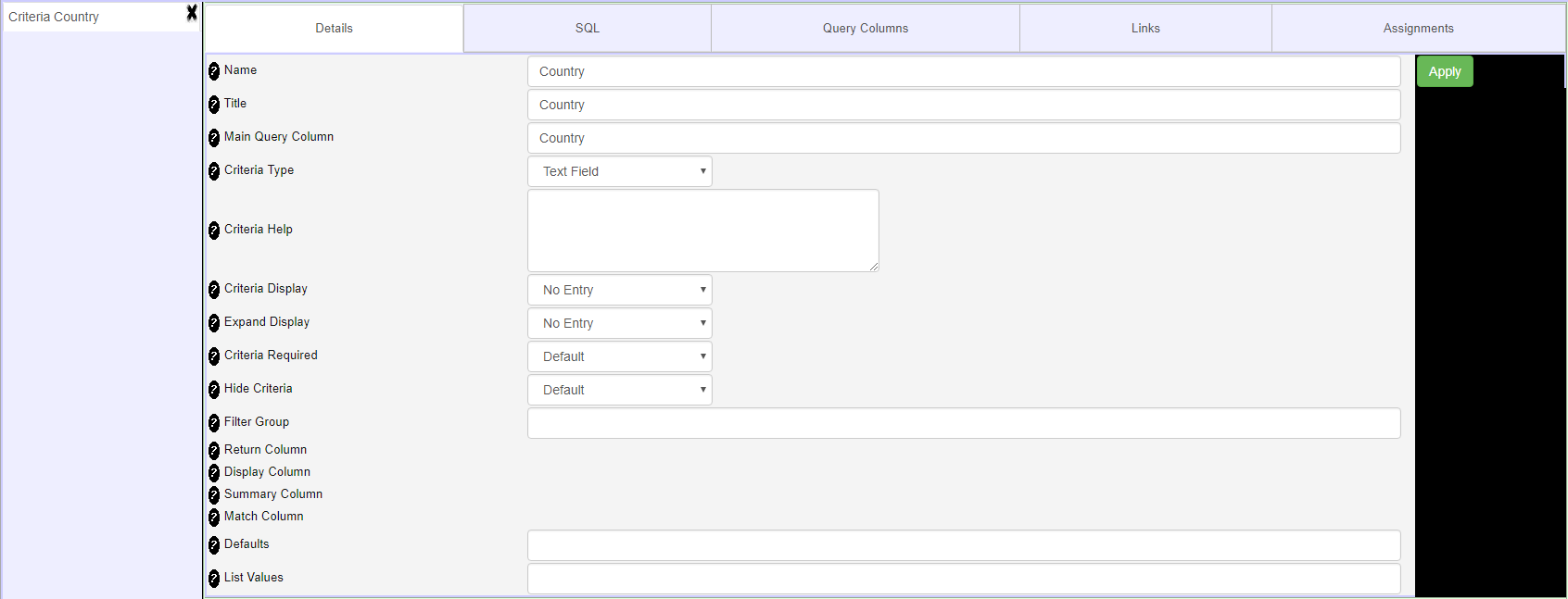 Reportico Text Criteria